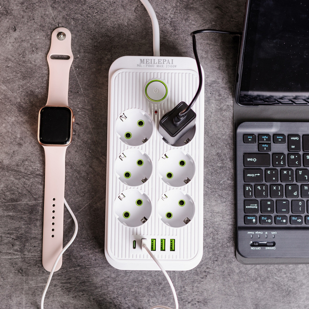 Мережевий фільтрподовжувач F06U на 6 розеток 4 USB 1 Type-C та кнопкою відключення 5 м Білий HP-5-25 Коломия - фото 2