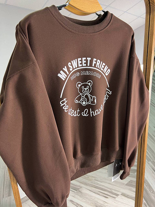 Свитшот женский A-N 25057 с рисунком мишкой впереди оверсайз средней длины комфорт one size, шоколад, one size Киев - изображение 7