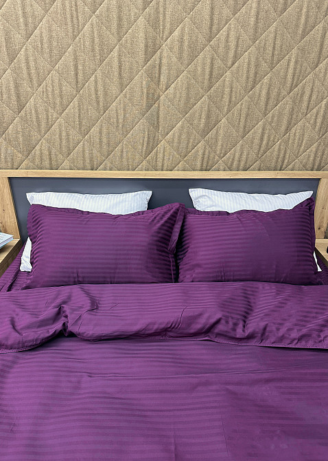 Комплект постельного белья Страйп-сатин Двуспальный 180х220 с простыней на резинке Баклажановый (88-088) Киев - изображение 6