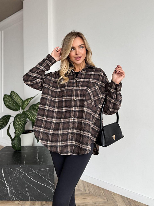Женская рубашка в клетку oversize из турецкой фланели, коричневая, 48-50-52 Лубны - изображение 1