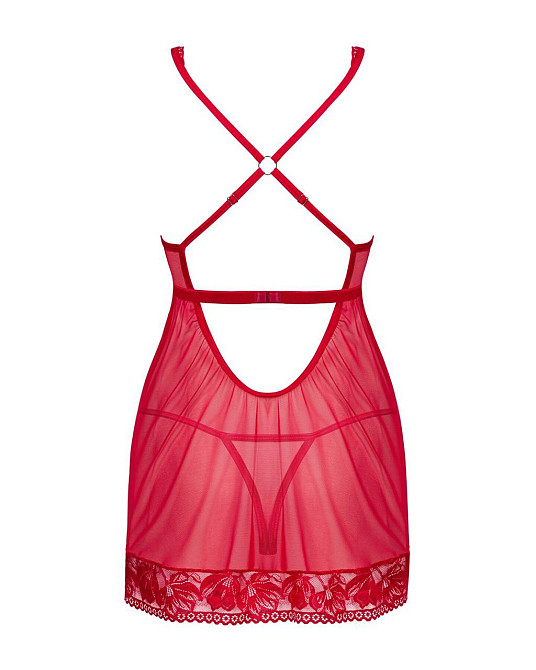 Прозора Сорочка бебі-дол Obsessive Lacelove babydoll & thong M/L Red, мереживо, стрінги Sex Aura Київ - фото 4