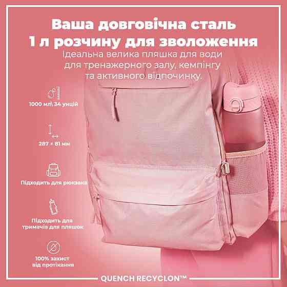 Пляшка для води ION8 1000 мл. (ЕКО пляшка) BPA Free, Rose Quartz Кам'янське