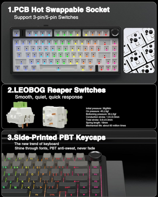 Бездротова механічна клавіатура AULA F75 Black RGB — 75%, Hot-Swap, Bluetooth/2.4GHz/Type-C, Gasket Mount, Бічне гравіювання Київ - фото 7