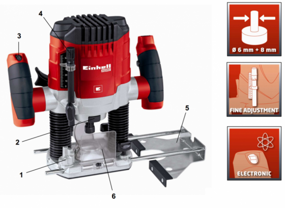 Електричний ручний столярний фрезер по дереву Einhell TC-RO 1155 E : 1100 Вт, 6-8 цанга, 30000 об/хв електрофрезер (4350470) Київ
