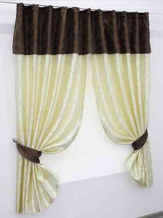 Кухонные шторы VR-Textil № 073к с ламбрекеном и подхватами светло-золотистый с коричневым 270х170 см (52-0170) Киев