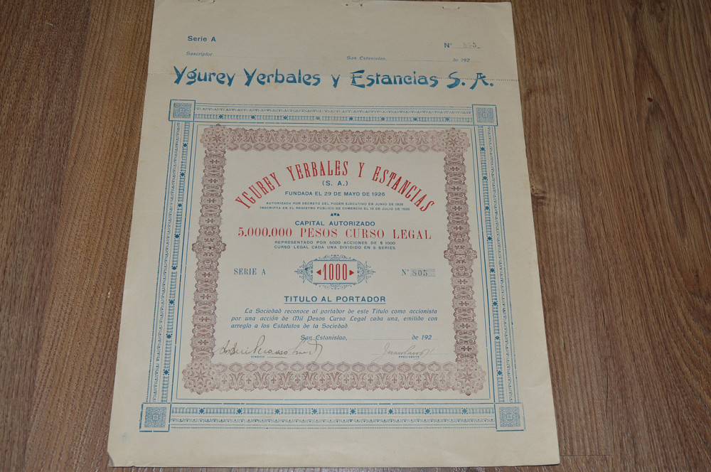 Акція. Ygurey Yerbales y Estancias S. A. 1926 рік №805 (31) 38*30 Полтава - фото 1