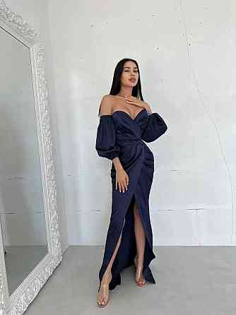 Женское роскошное вечернее платье со шлейфом и съемными рукавами из королевского атласа Темно-синий, M Одесса