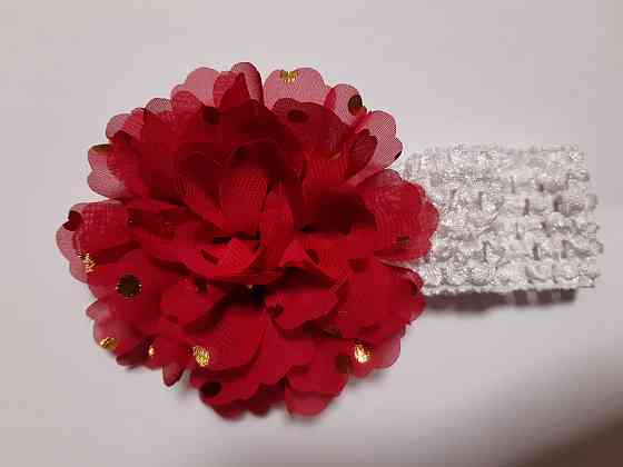 Детская повязка на голову бордовая + белая - окружность головы около 40-52см, диаметр цветка 9см Киев