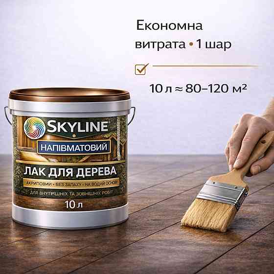 Лак для дерева Skyline напівматовий акриловий прозорий без запаху для внутрішніх та зовнішніх робіт 10 л Харків