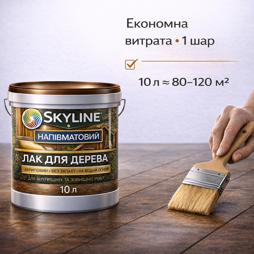 Лак для дерева Skyline напівматовий акриловий прозорий без запаху для внутрішніх та зовнішніх робіт 10 л Харків - фото 5