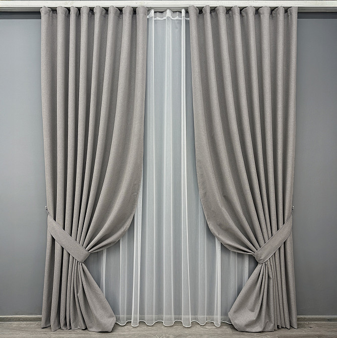 Комплект штор VR-Textil 100% блэкаут ASHEN NIGHT 150х270 2шт и Тюль 600х270 1848ш-1153т кофейно-серый с белым 71-085/5 Киев - изображение 1