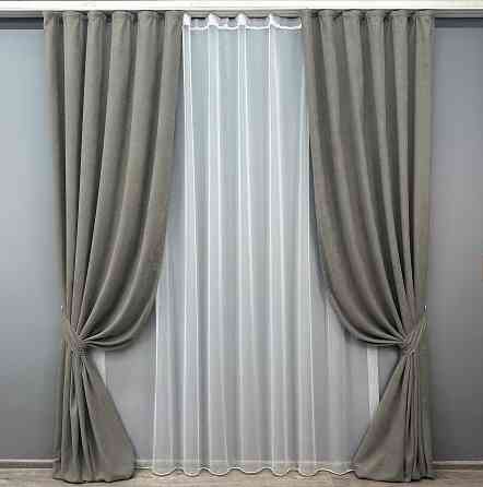 Комплект штор VR-Textil Мікровелюр Petek 150х270 2шт і Тюль 400х270 1702ш-1153т Сірий з білим 71-056/3 Київ