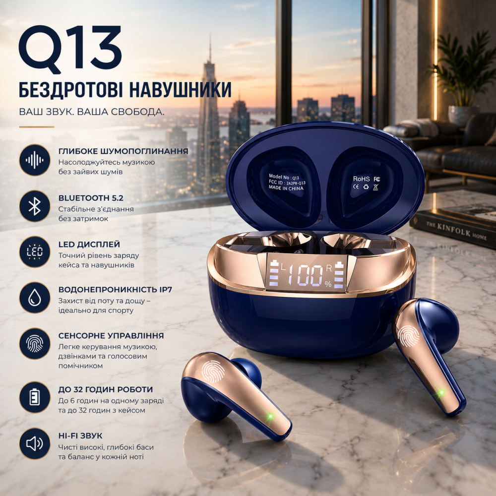 Уцінка: Бездротові вакуумні навушники Q13 з Bluetooth 5.2, стильним LED-дисплеєм, захистом IP7 та глибоким шумопоглинанням для вас Київ - фото 8
