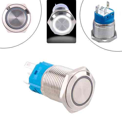 Кнопка 22 мм фиксирующаяся 12–24 В белый LED 5 pin 22F-11EZ, металлическая с подсветкой Киев