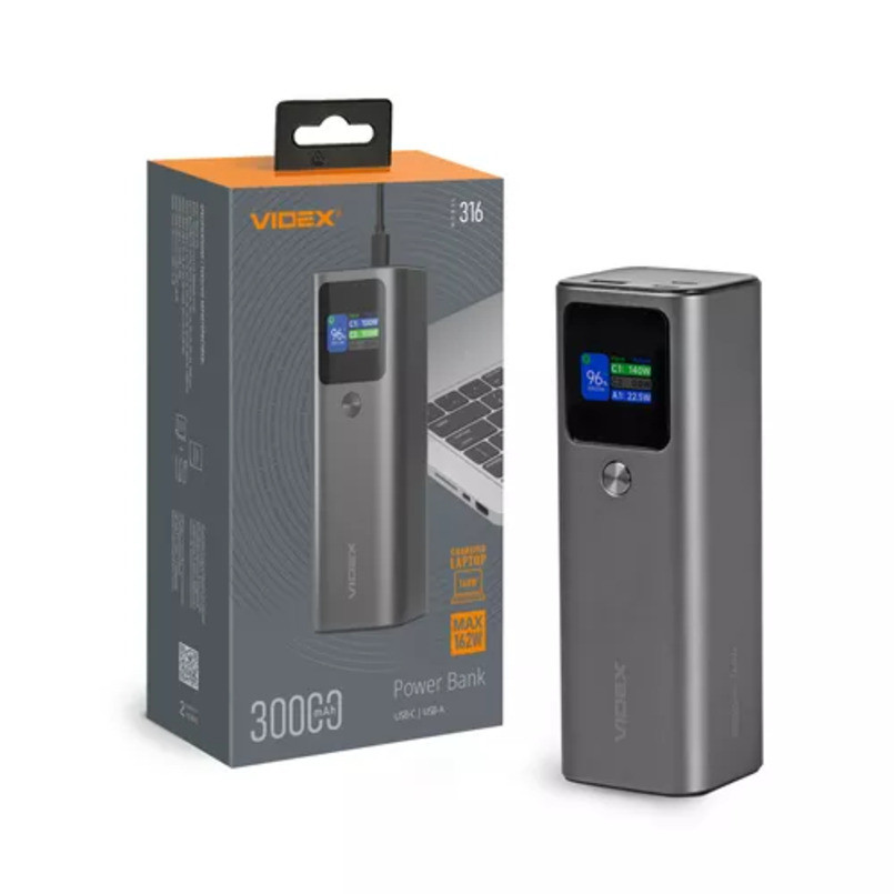 Повербанк (Power Bank) Videx VPB-316 30000mAh PD140W + Display сірий Львів - фото 1