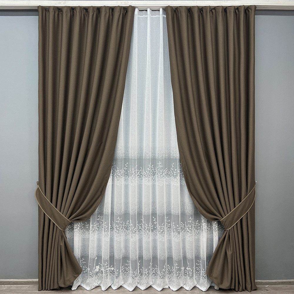 Комплект штор VR-Textil Шеніл 100х270 2шт і Тюль 400х270 1591ш-1680т Кавовий з білим 71-200/2 Київ - фото 1