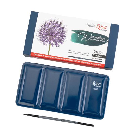 Набір акварельних фарб з пензлем BOTANICAL 28×2,5мл кювета Індіго металевий пенал ROSA Gallery Київ