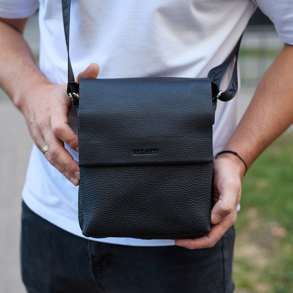 Кожаный мессенджер для мужчины 23х19х7, барсетка через одно плече, сумка для документов, черная Каменское - изображение 2