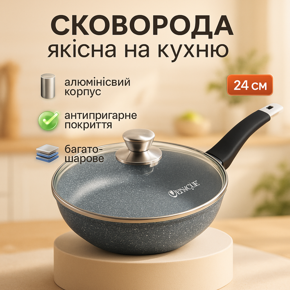 Качественная алюминиевая антипригарная сковорода Unique UN-5171 24 см, Сковородки без масла AY-50 Львов - изображение 12