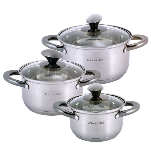 Набір каструль 6 предметів (каструлі 1/1,5/2л) нержавіюча сталь порожнисті чорні ручки 4926 KAMILLE Житомир