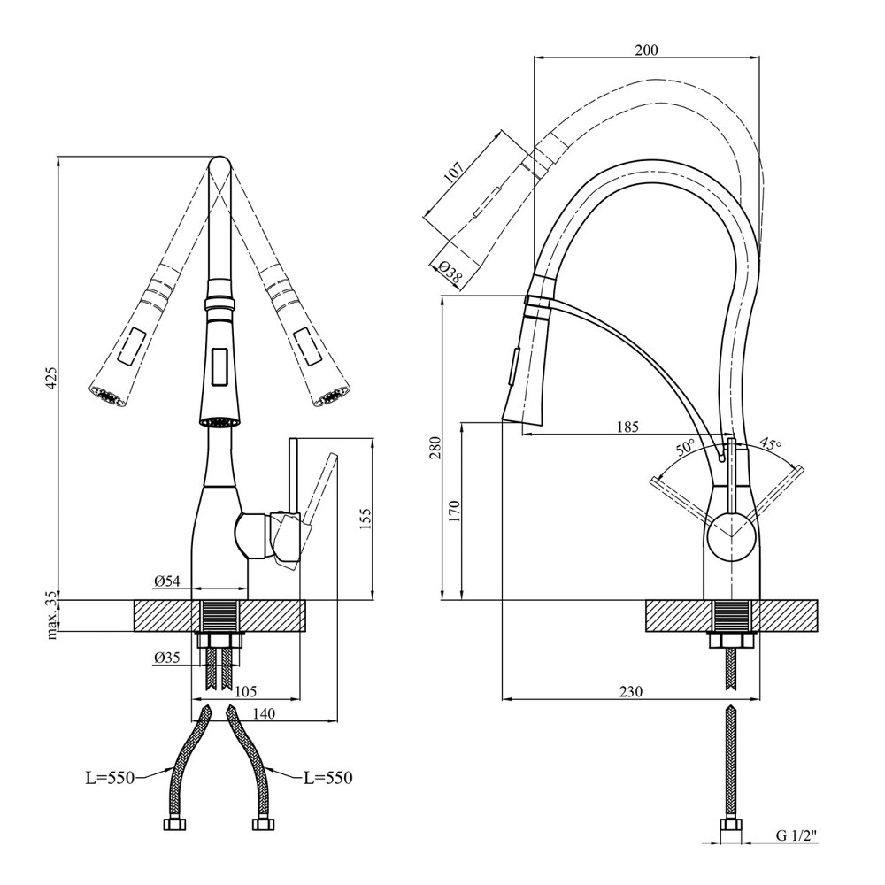 Смеситель для кухни с гибким изливом Kroner KRP Ersel - GRP03393BLK черный/графит Киев - изображение 2