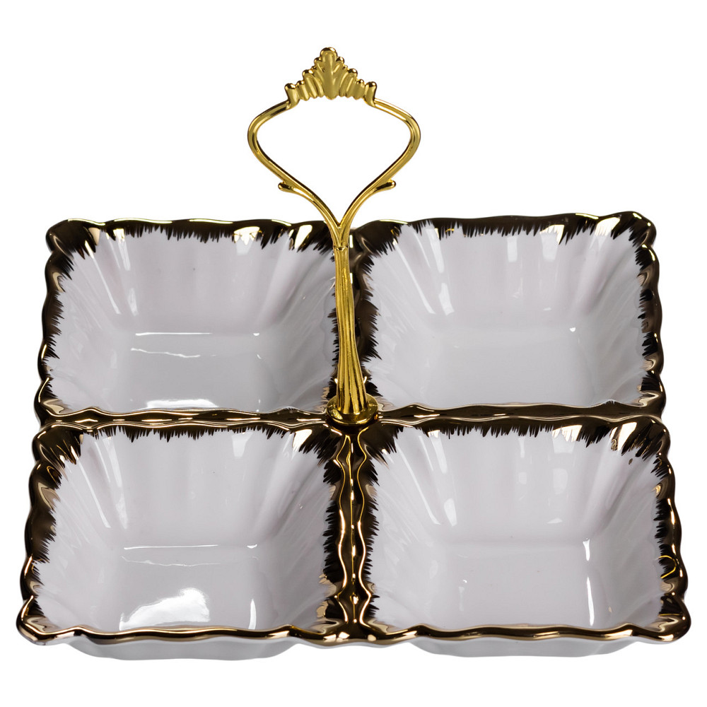 Менажниця порцелянова на 4 секції для закусок тарілка менажниця 18×18×3 (см) менажниця з ручкою Білий з золотом LC-BYL-100 Коломия - фото 2