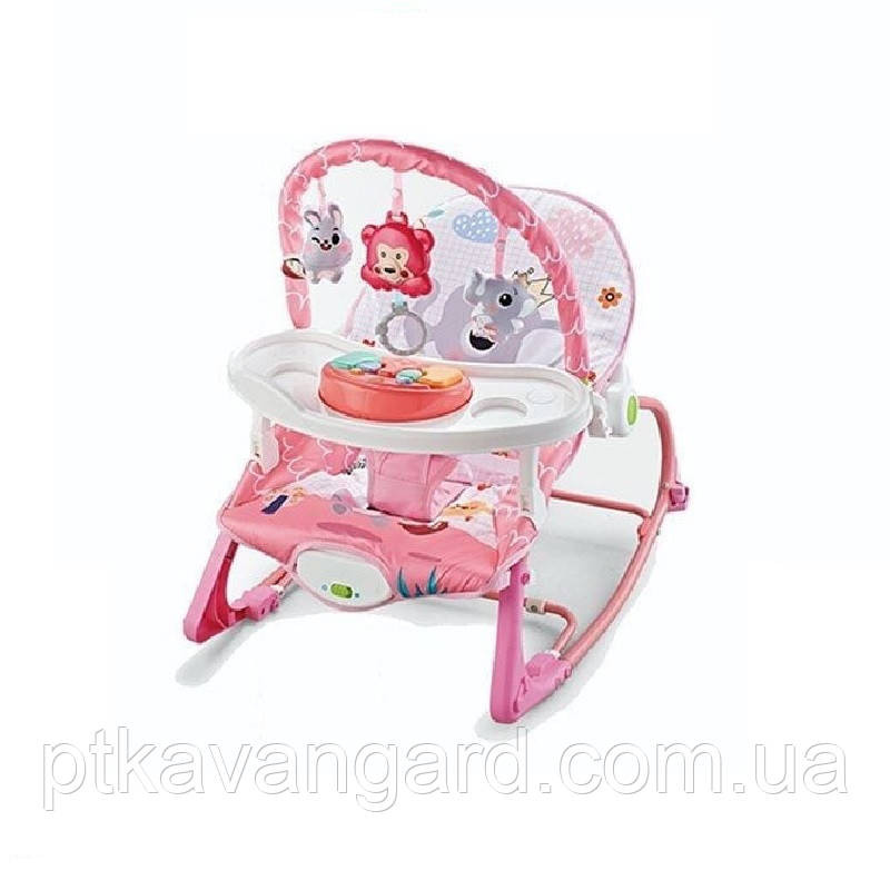 Шезлонг гойдалка дитяча 4в1 (мелодії, вібрація, дуга з підвісками, ноти, знімне піаніно) рожева Хмельницький - фото 1