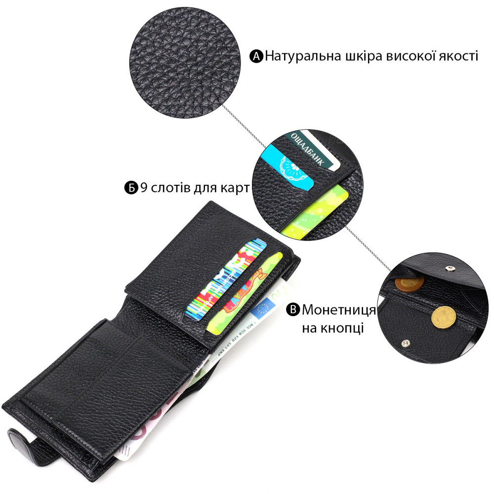 Компактный и в тоже время вместительный бумажник для мужчин из натуральной кожи BOND 21996 Черный Киев - изображение 5