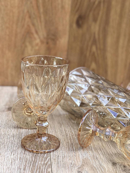 Набір 6 шт. келихів + глечик 1 л. «Дзеркальний Смарагд» 300 мл бурштиновий колір Київ - фото 3