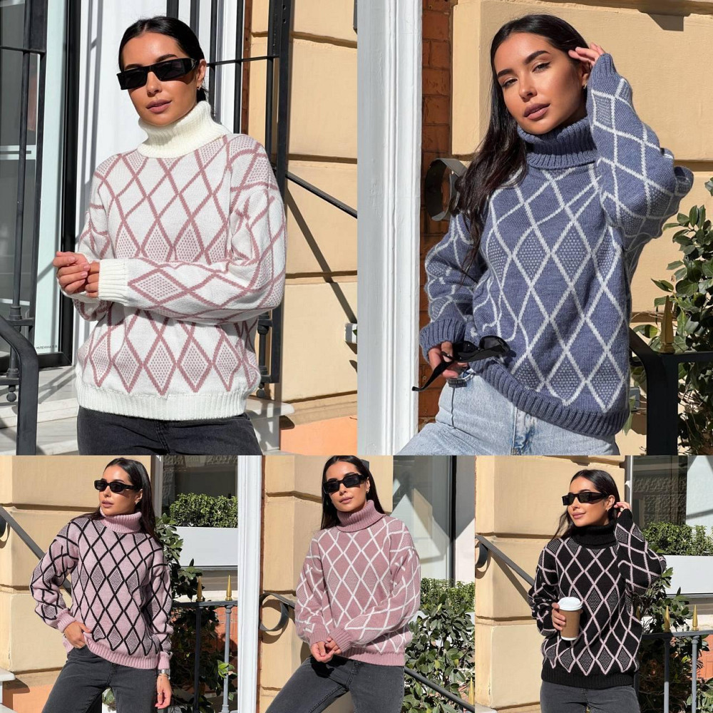 Жіночий модний триколірний светр орнамент із високогірловиною. 42-56р Київ - фото 3