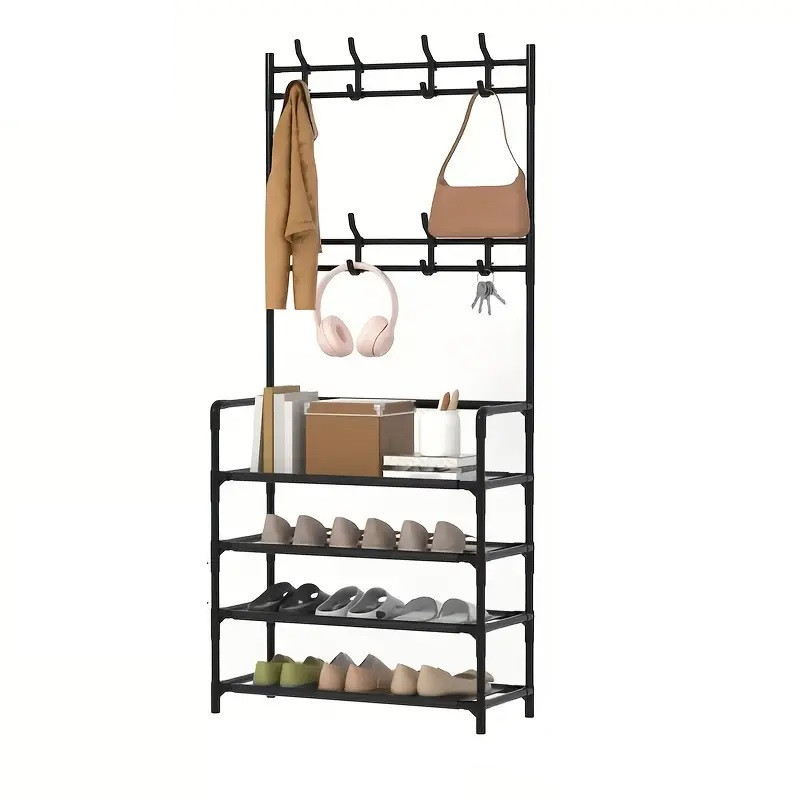 Підлогова вішалка-органайзер для одягу та взуття 154×60×29,5 см з 4 міцними полицями, металево-пластикова конструкція Одеса - фото 8