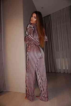 Женская шелковая пижама двойка в полоску Черный, 52/54 Одесса