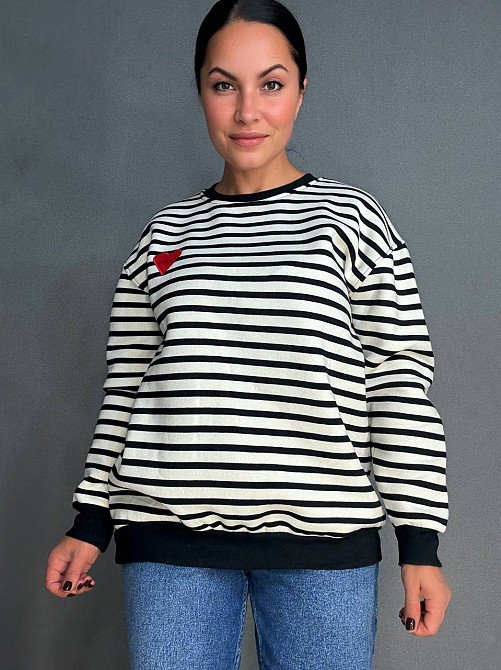 Світшот жіночий ENJOY 81966 утеплений у смужку з вишивкою серце чорний, чорний, M Київ - фото 1