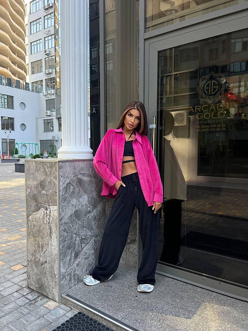 Женский прогулочный костюм двойка: рубашка + штаны палаццо турецкий велюр спорт Малиновый, 46/48 Одесса - изображение 2