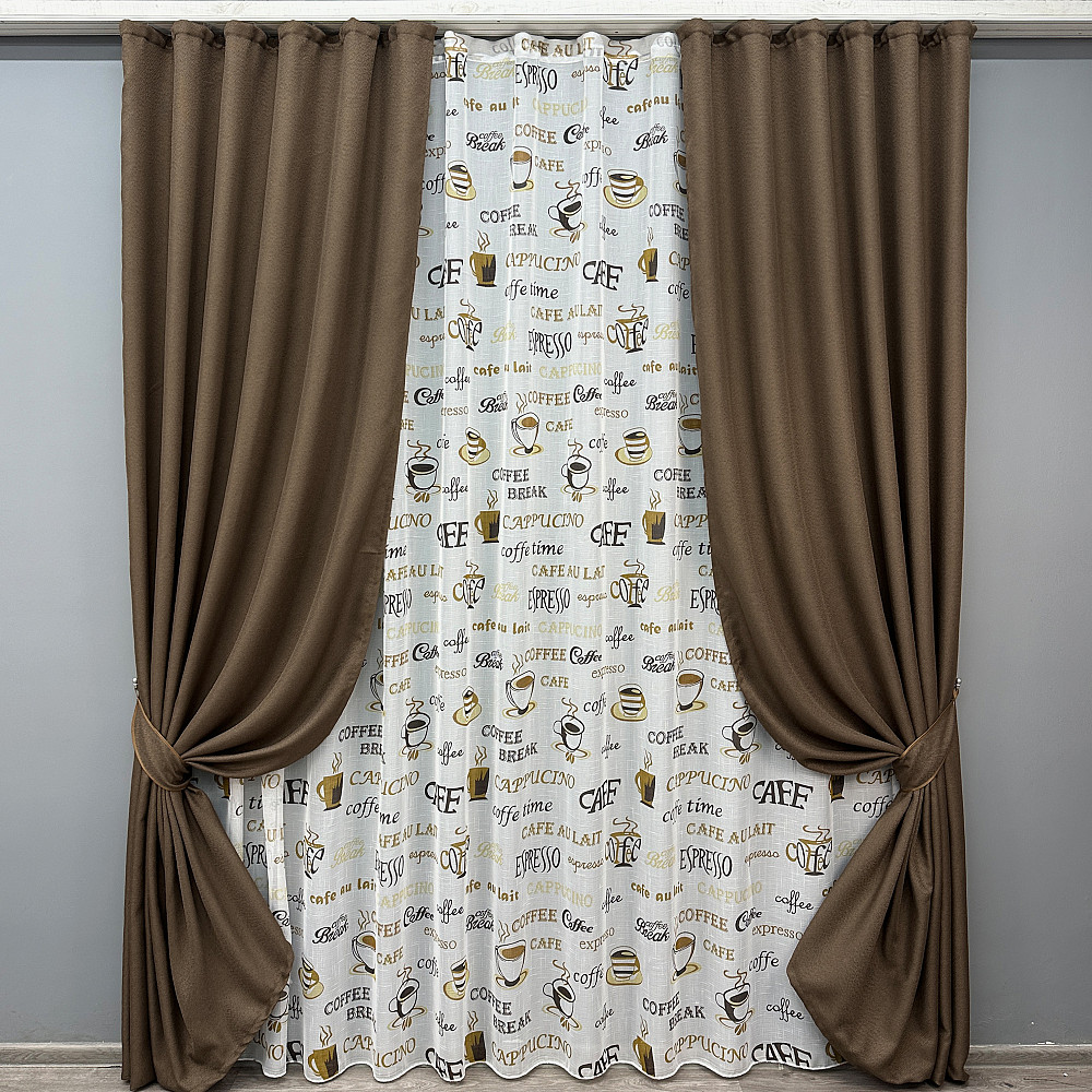 Комплект штор VR-Textil Льон Мішковина 150х270 2шт і Тюль 600х270 277ш-1858т Коричневий з білим 71-066/5 Київ - фото 1