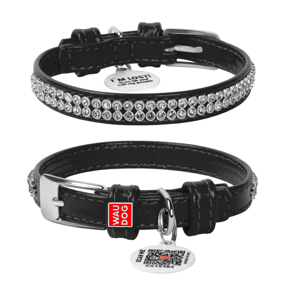 Ошейник для собак кожаный WAUDOG Glamour с QR паспортом, с украшением 