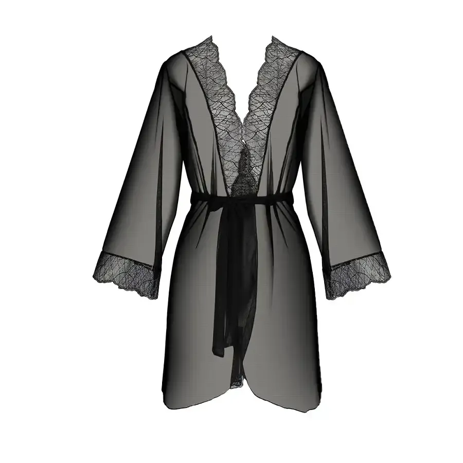 Пеньюар Passion AMBERLY PEIGNOIR 4XL/5XL, black, ажурні декольте та манжети, широкі рукави Львов - изображение 3
