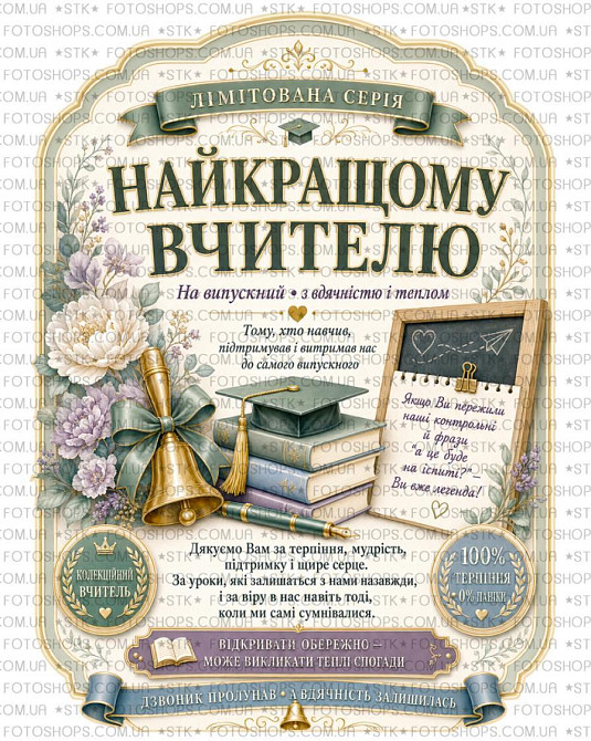 Етикетка на пляшку вина або ігристого для вчителя | Подарункова наліпка на пляшку | Етикетка та контретикетка для вчителя Одеса - фото 1