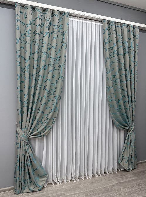 Комплект готовых штор VR-Textil Жаккард Allure № 1616ш Серый с голубым 150х270 см 2 шт (33-0489) Киев - изображение 3