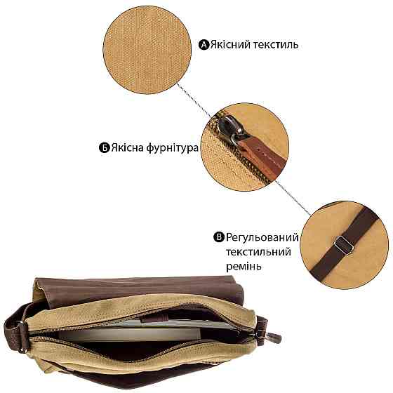 Текстильная сумка для ноутбука 13 дюймов через плечо Vintage 20188 Хаки Киев