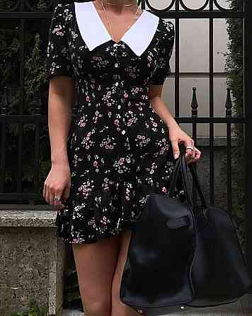 Женское принтованное мини платье на пуговицах с белым воротником турецкий штапель / софт 44/46, Черный Одесса