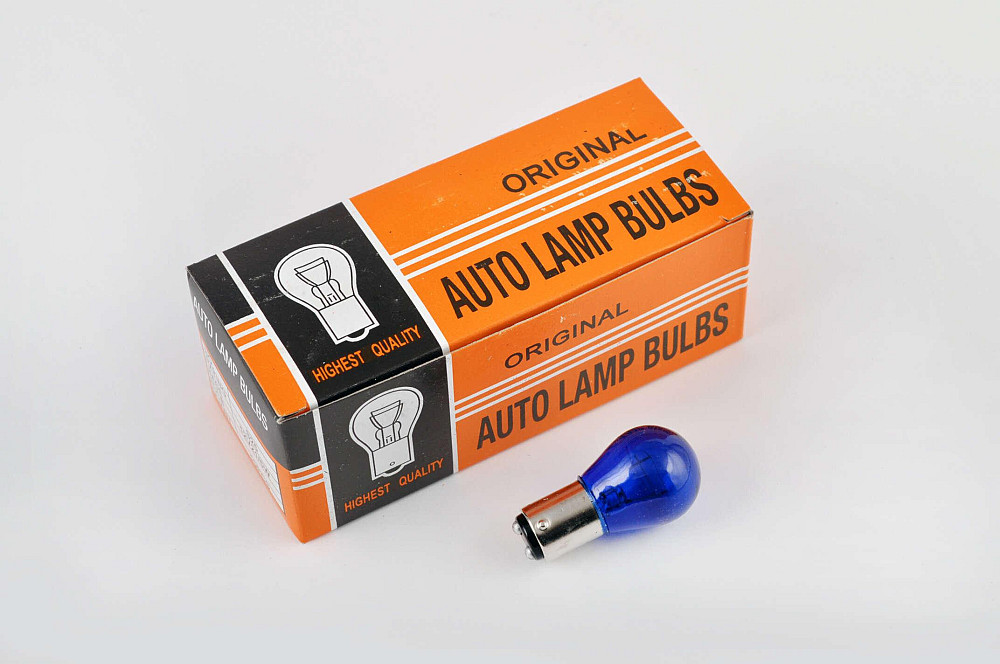 Лампа S25 (двоконтактна) 12V 21W/5W (стоп, габарит) (синя) ORANGE BOX Київ - фото 1