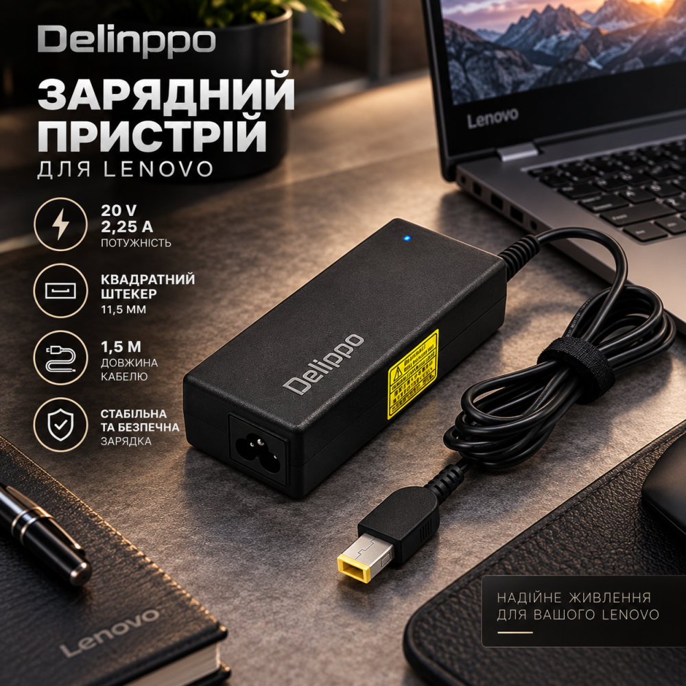 Зарядное устройство B06 20V 2,25A для Lenovo, квадратный штекер 11,5 мм, кабель 1,5 м, адаптер питания Киев - изображение 1
