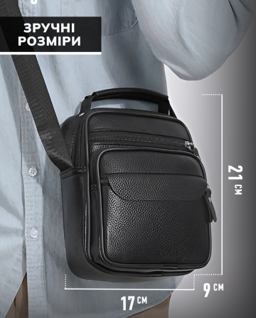 Мужская кожаная сумка планшет 17х21х9, барсетка через плечо с ручкой черная 86802 Киев