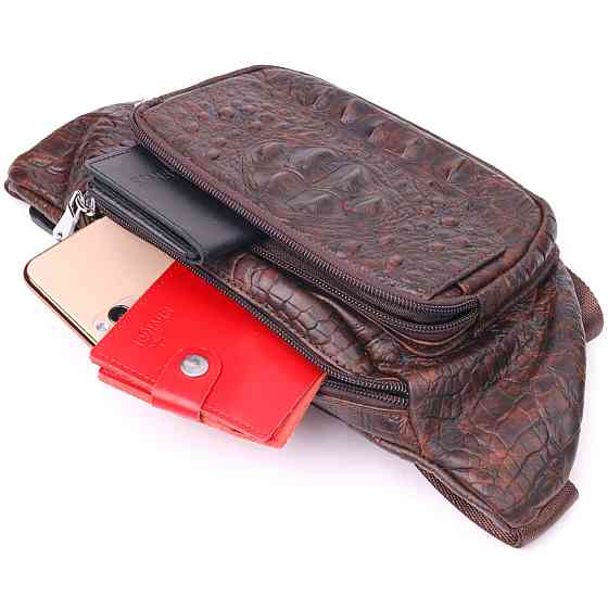 Модная поясная сумка из натуральной кожи с фактурой под крокодила 21298 Vintage Коричневая Киев