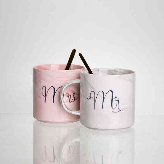 Yiwu Набір парних порцелянових чашок Mr&Mis 2 (шт) по 400 (мл) чашки на подарунок з ложкою FM-2 Коломия