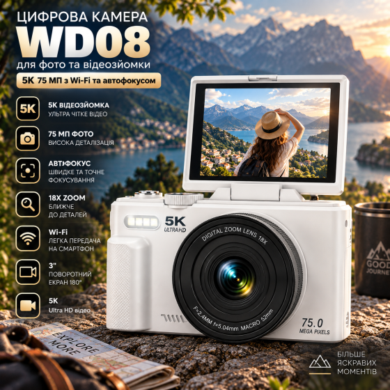 Цифрова камера WD08 5K 75 МП Wi-Fi, 3" поворотний екран 180°, автофокус, 18x Zoom, карта 64 ГБ, біла Київ
