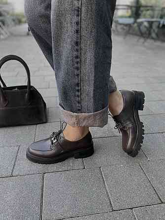 Nikos Туфлі жіночі на низькому ходу класичні з натуральної шкіри на шнурках 2129 шоколадні весн Коломия