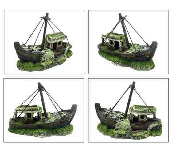 Декор для акваріума "Затонувший кораблик" - розмір 12,5*10*6 см, смола, акваріумний декор Київ