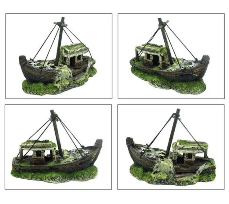 Декор для акваріума "Затонувший кораблик" - розмір 12,5*10*6 см, смола, акваріумний декор Київ - фото 3